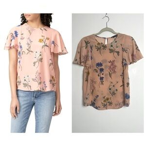 J.Crew Tullerie Coral Pink Floral Flutter Sleeve 100% Silk Feminine Blouse Top